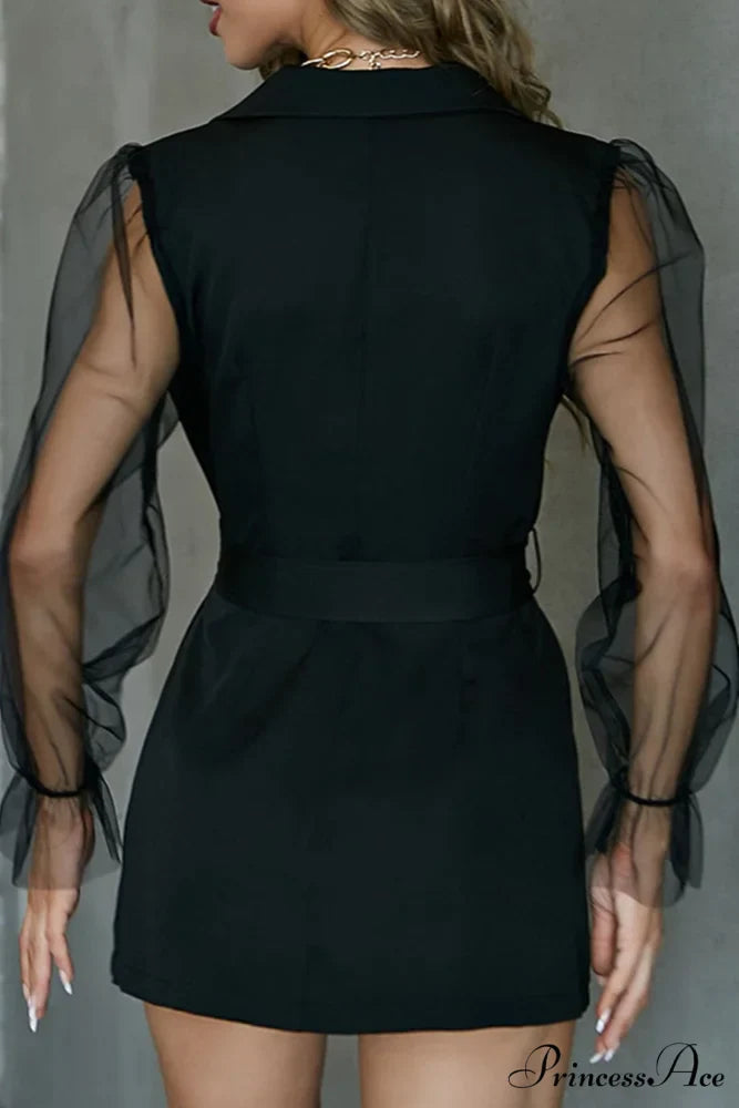 Mesh Sleeves Blazer Dress with Double-breasted Belt
