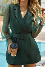 Mesh Sleeves Blazer Dress with Double-breasted Belt
