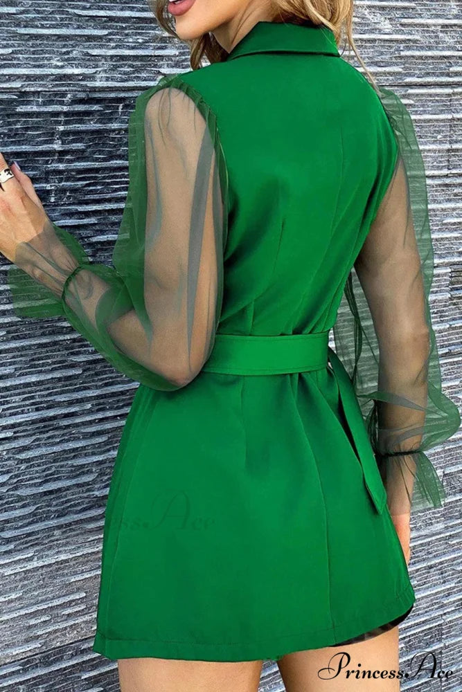 Mesh Sleeves Blazer Dress with Double-breasted Belt
