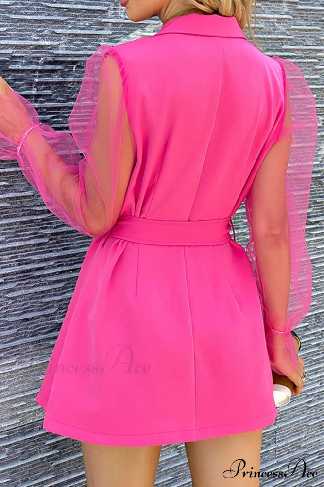 Mesh Sleeves Blazer Dress with Double-breasted Belt