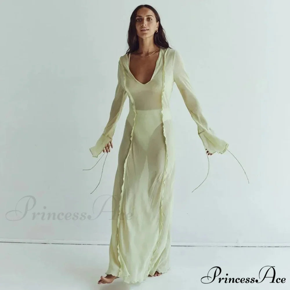 Mesh Transparent Flare Sleeve Cover-Ups Maxi Dress