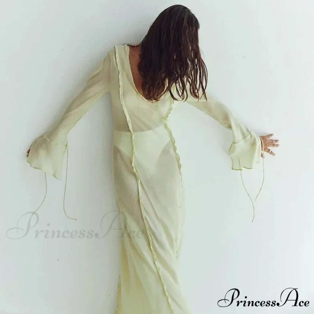 Mesh Transparent Flare Sleeve Cover-Ups Maxi Dress