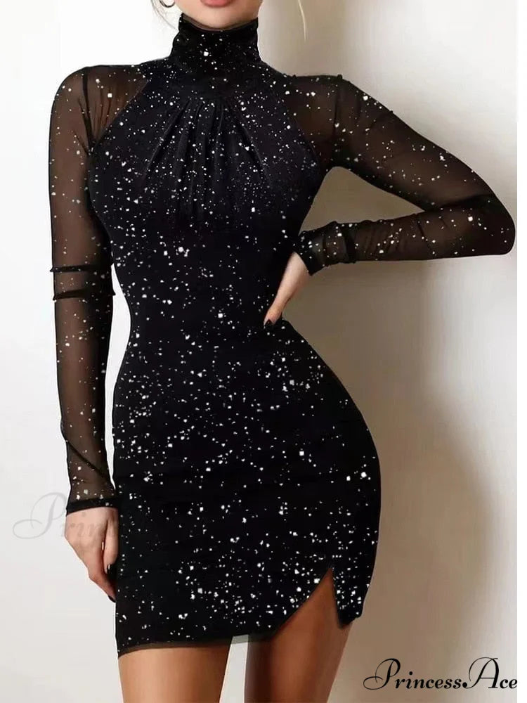 Mesh Transparent Shiny Print Turtleneck Long Sleeve Dress