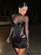 Mesh Turtleneck Satin Mini Party Dress