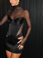 Mesh Turtleneck Satin Mini Party Dress