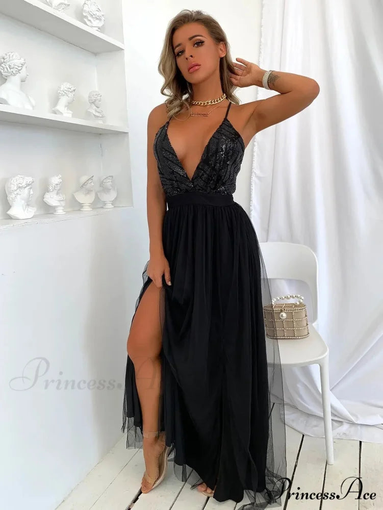 Mesh V-neck Maxi Dress