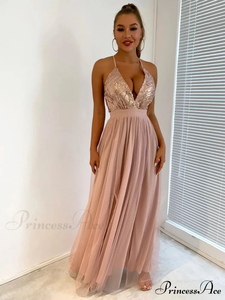 Mesh V-neck Maxi Dress