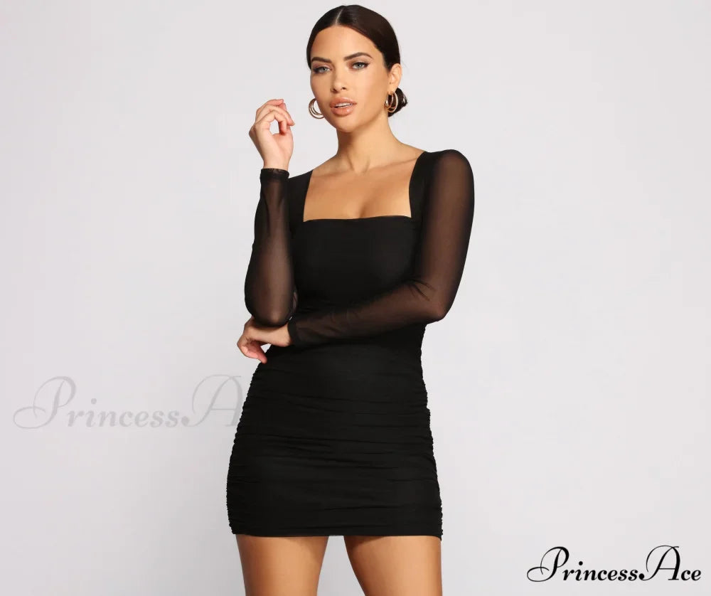 Mesmerize In Mesh Charming Ruched Mini Dress