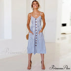 Midi Button Backless Polka Dot Striped Dress