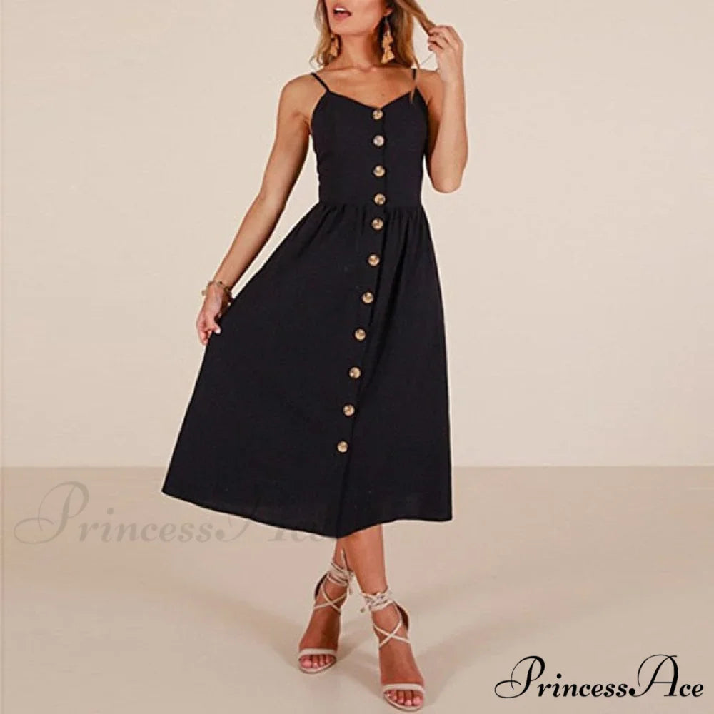 Midi Button Backless Polka Dot Striped Dress
