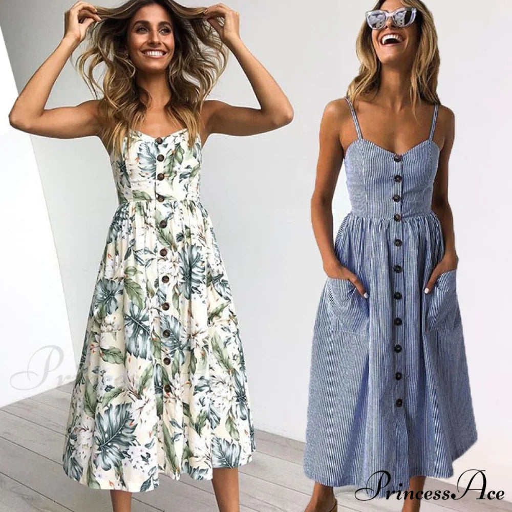 Midi Button Backless Polka Dot Striped Dress