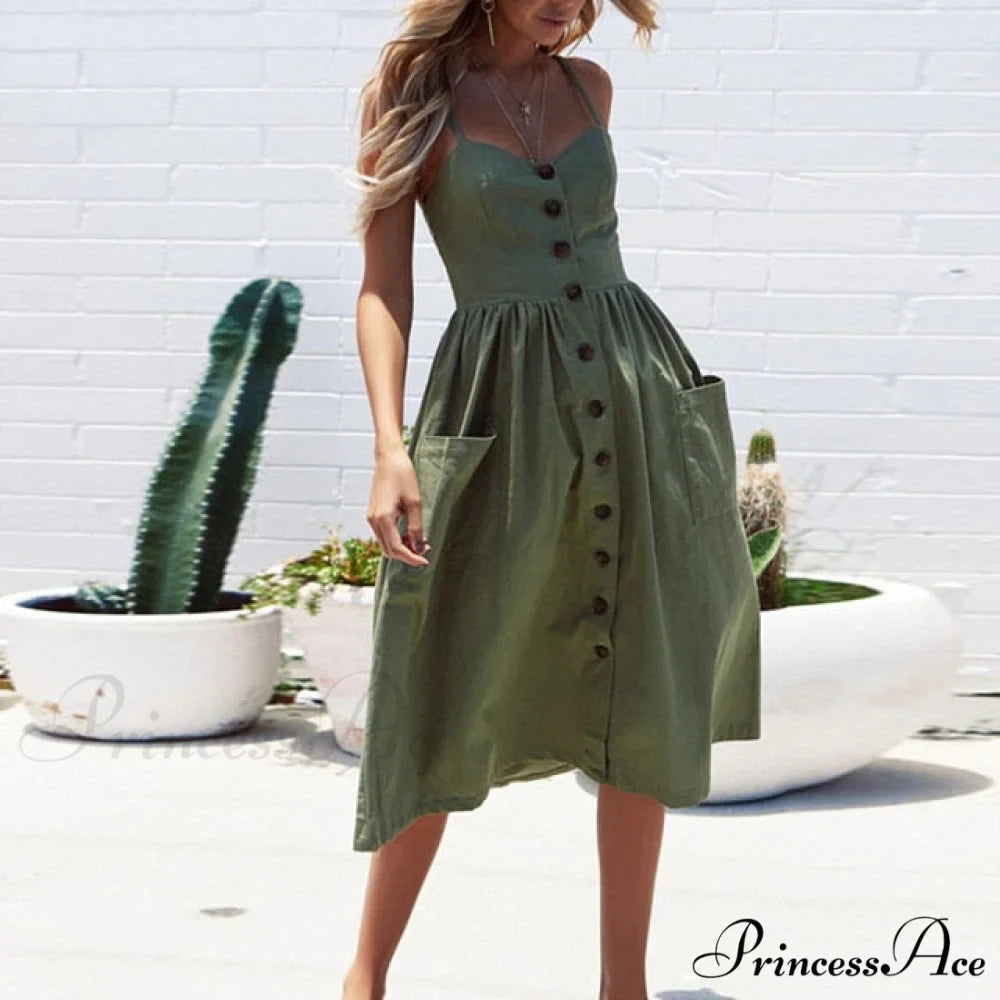 Midi Button Backless Polka Dot Striped Dress