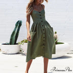 Midi Button Backless Polka Dot Striped Dress