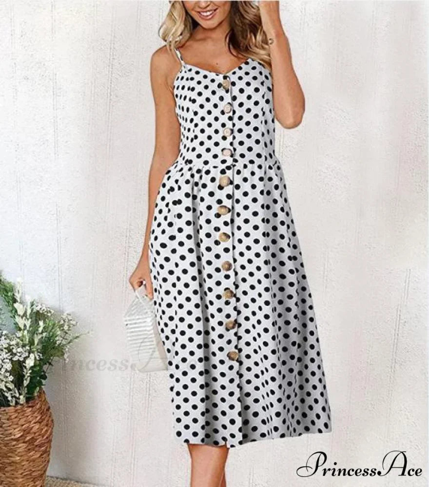 Midi Button Backless Polka Dot Striped Dress