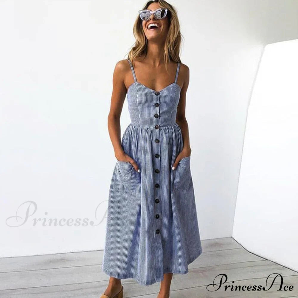 Midi Button Backless Polka Dot Striped Dress