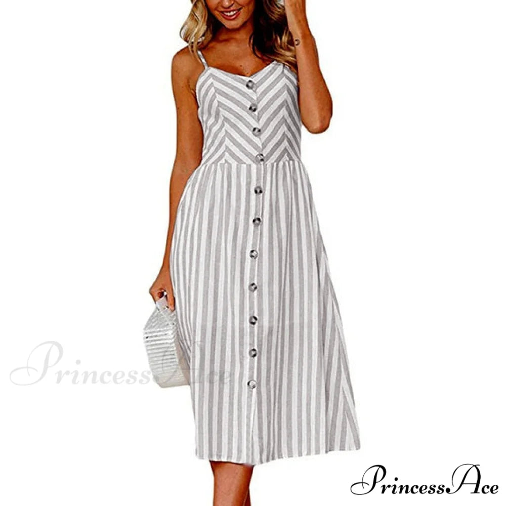 Midi Button Backless Polka Dot Striped Dress