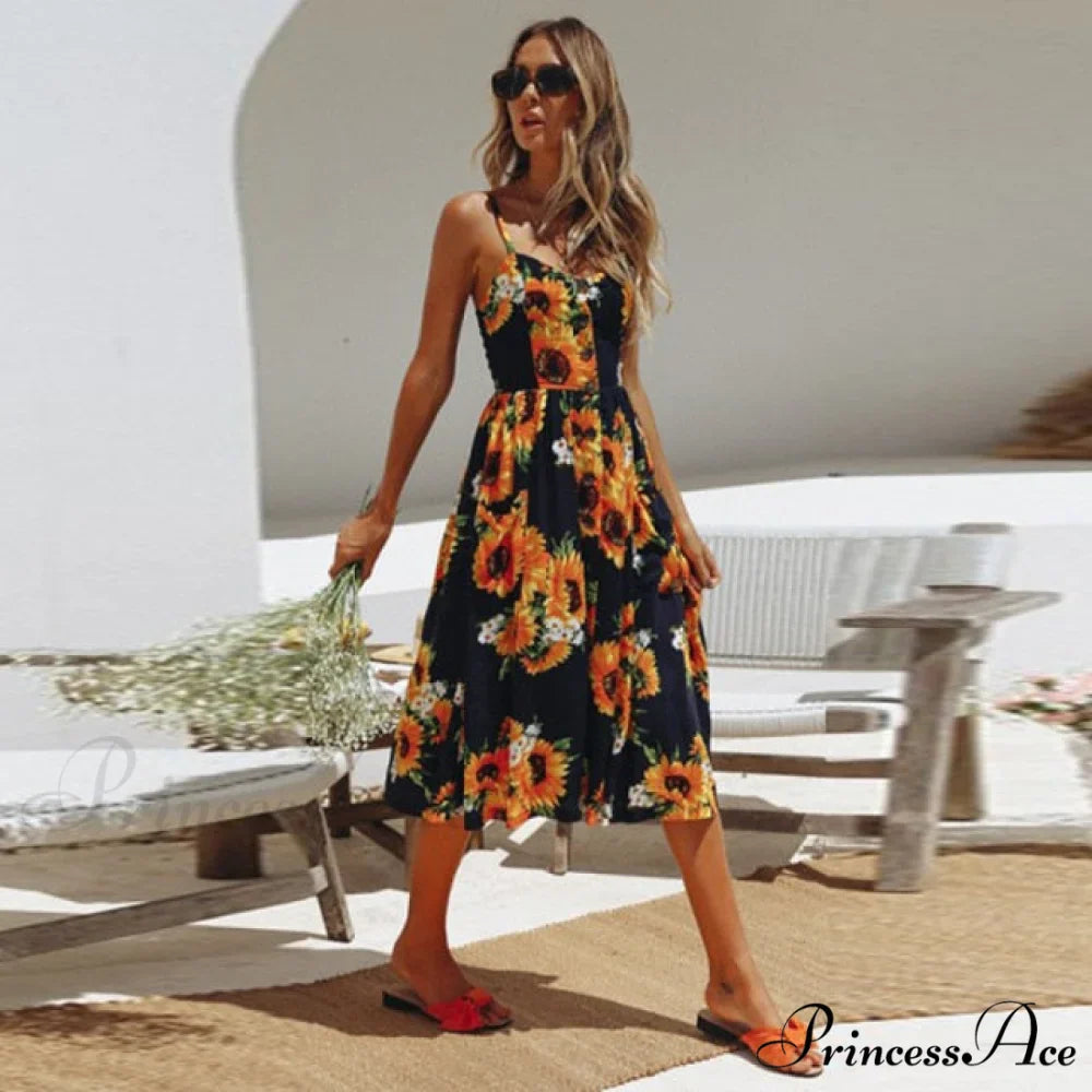 Midi Button Backless Polka Dot Striped Dress