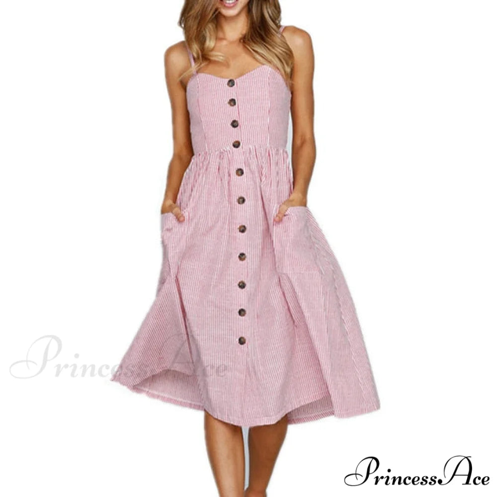 Midi Button Backless Polka Dot Striped Dress