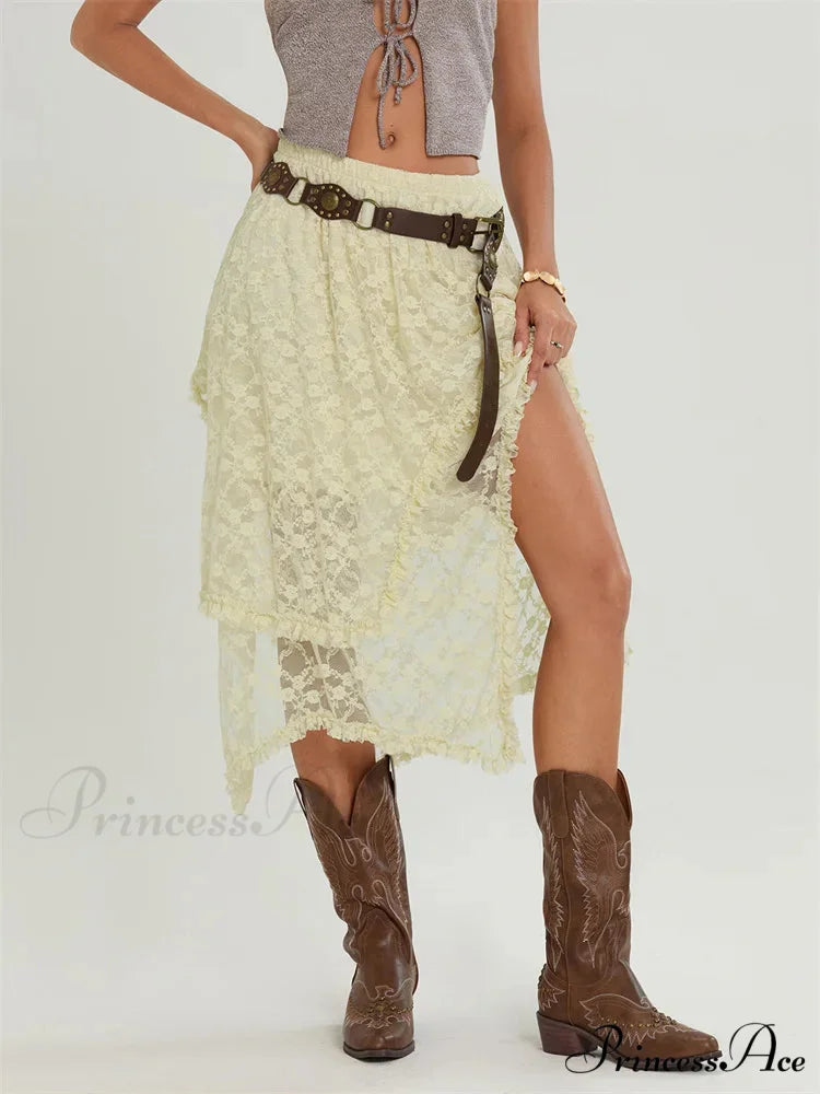 Midi Lace Floral Unpredictable Border Flexible Waist Summer Skirt