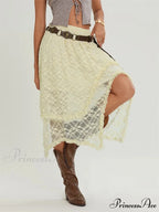 Midi Lace Floral Unpredictable Border Flexible Waist Summer Skirt