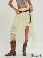 Midi Lace Floral Unpredictable Border Flexible Waist Summer Skirt