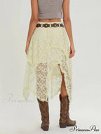 Midi Lace Floral Unpredictable Border Flexible Waist Summer Skirt