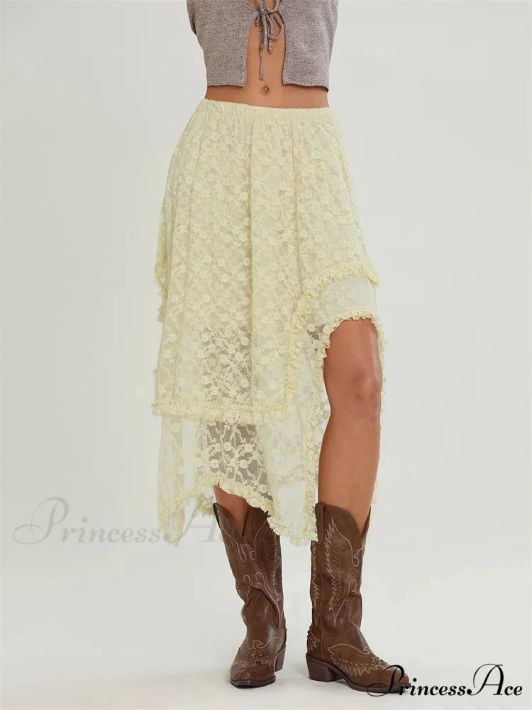 Midi Lace Floral Unpredictable Border Flexible Waist Summer Skirt