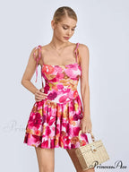 Mini Dress Tied Spaghetti Strap Frilly Hem Short Dress