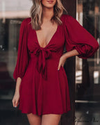 Mini Satin Puff Sleeve Sexy Plunge Tie Front Dress