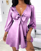 Mini Satin Puff Sleeve Sexy Plunge Tie Front Dress