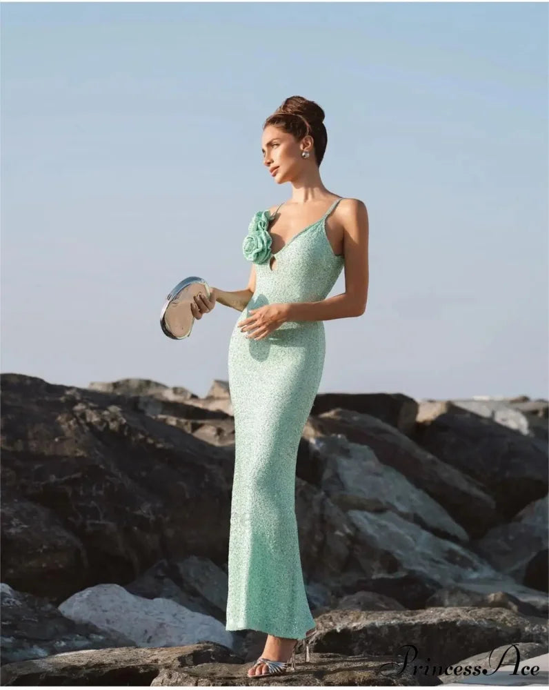 Mint Green Sequins Spaghetti Party Dress