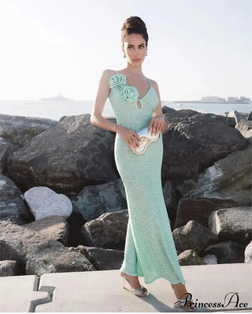 Mint Green Sequins Spaghetti Party Dress