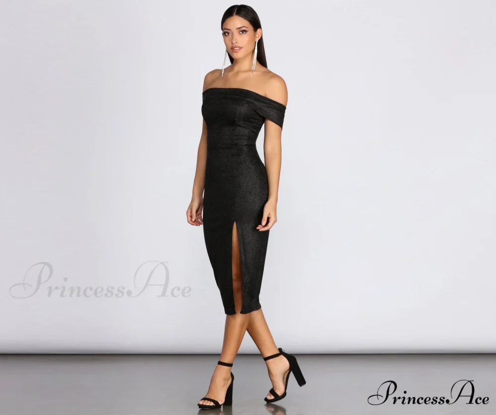 Misty Off Stylish Shoulder Glitter Dress