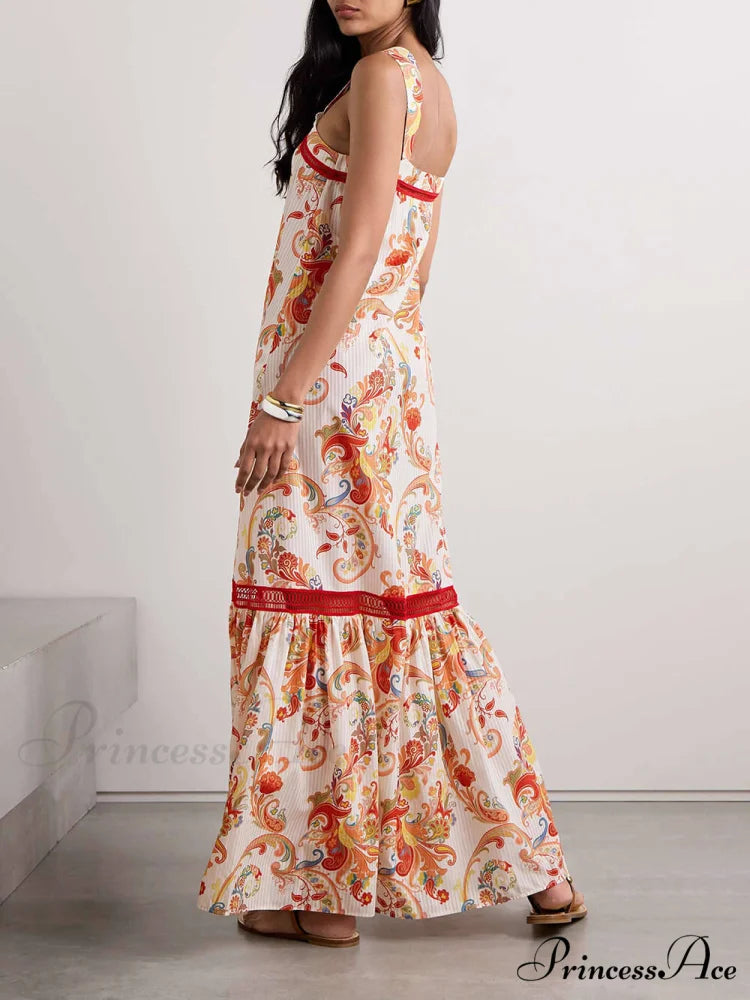 Modern Exquisite Paisley Crochet Graceful Trim Print Maxi Dress