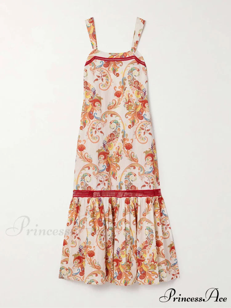 Modern Exquisite Paisley Crochet Graceful Trim Print Maxi Dress