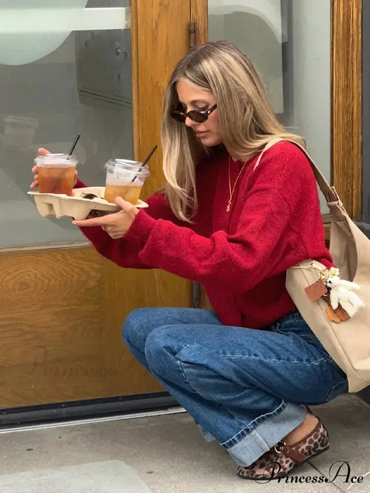 Mohair Loose Red Christmas O-neck Cardigan