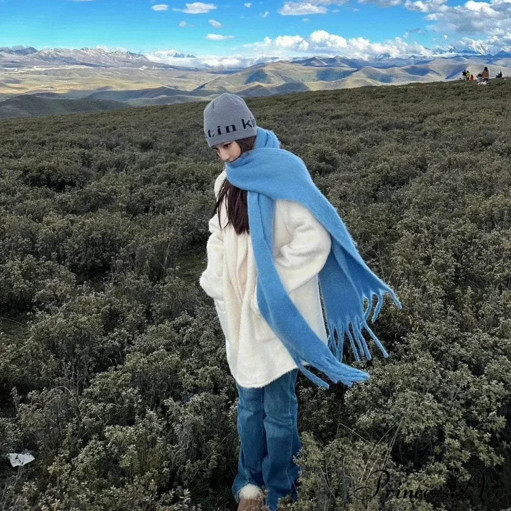 Mohair Winter Scarf - Solid Color, Thickened Wool, Fringed