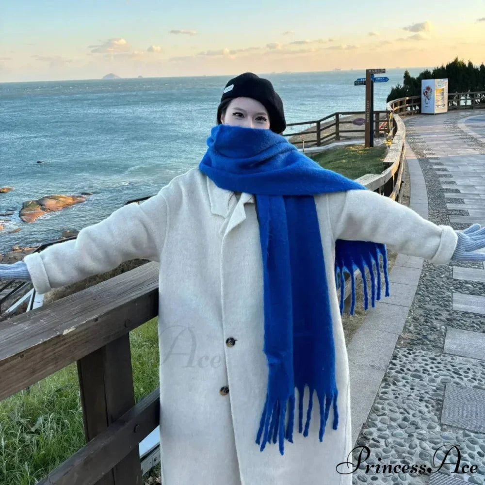 Mohair Winter Scarf - Solid Color, Thickened Wool, Fringed