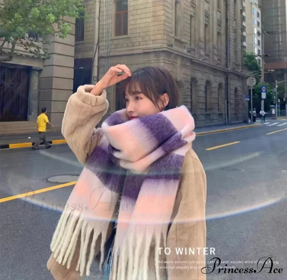 Mohair Winter Scarf - Solid Color, Thickened Wool, Fringed