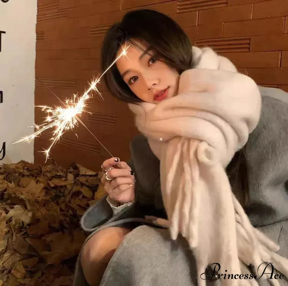 Mohair Winter Scarf - Solid Color, Thickened Wool, Fringed