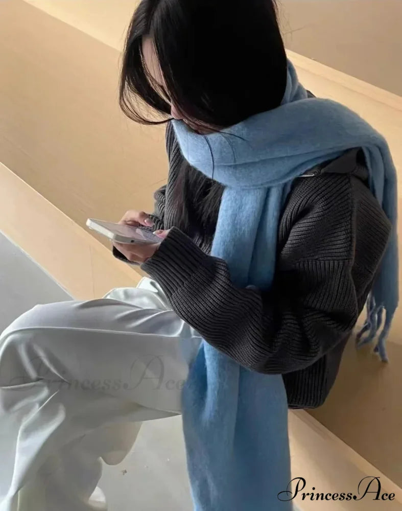 Mohair Winter Scarf - Solid Color, Thickened Wool, Fringed