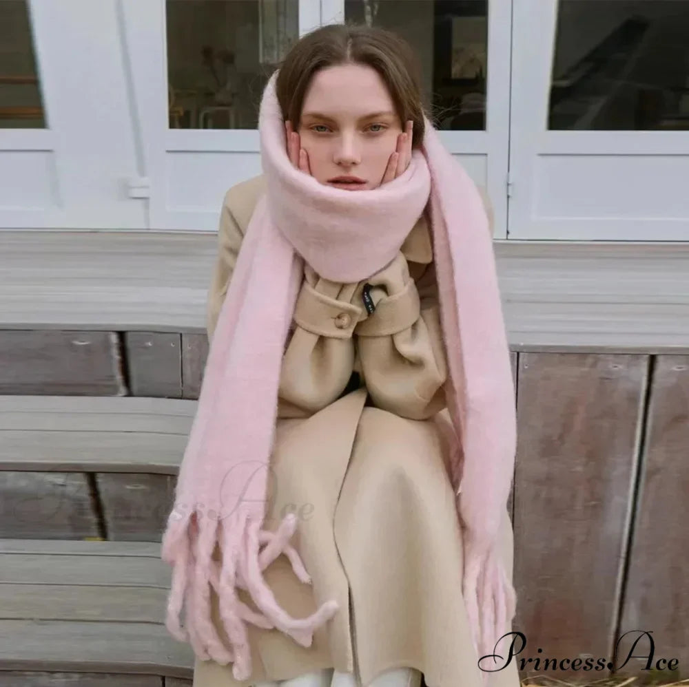 Mohair Winter Scarf - Solid Color, Thickened Wool, Fringed