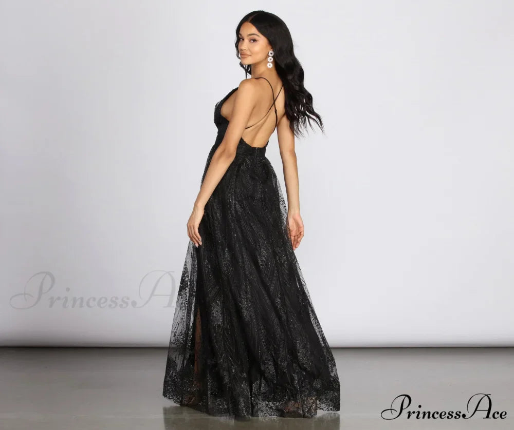 Mona Formal Stylish Plunging Glitter Dress
