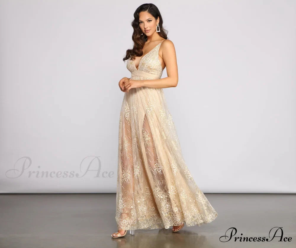 Mona Formal Stylish Plunging Glitter Dress