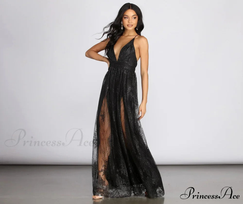 Mona Formal Stylish Plunging Glitter Dress