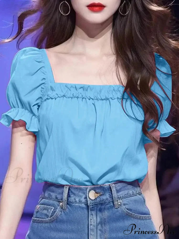 Monochromatic Frilled Square Neck Short Sleeve Blouse