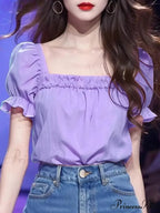 Monochromatic Frilled Square Neck Short Sleeve Blouse