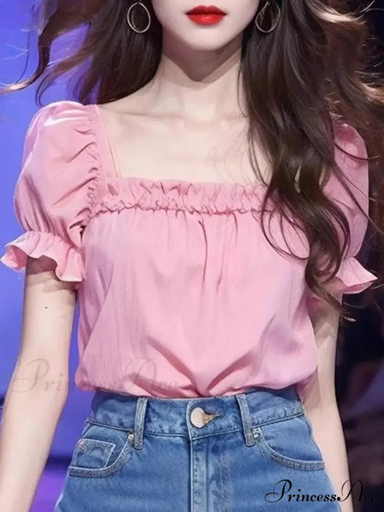 Monochromatic Frilled Square Neck Short Sleeve Blouse