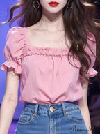 Monochromatic Frilled Square Neck Short Sleeve Blouse