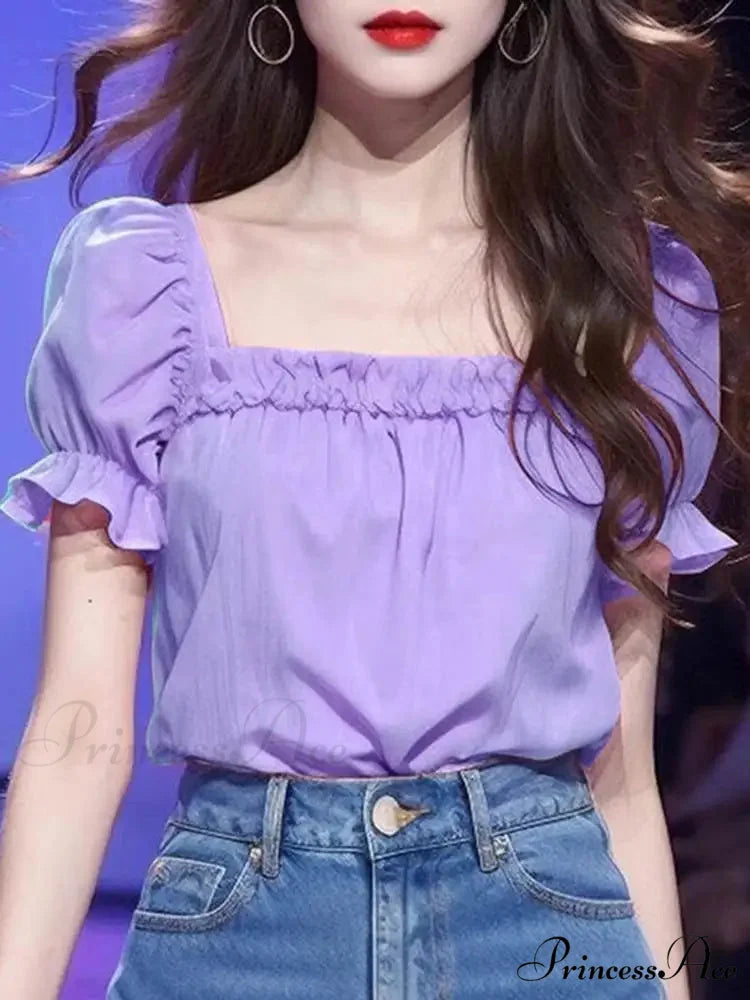 Monochromatic Frilled Square Neck Short Sleeve Blouse